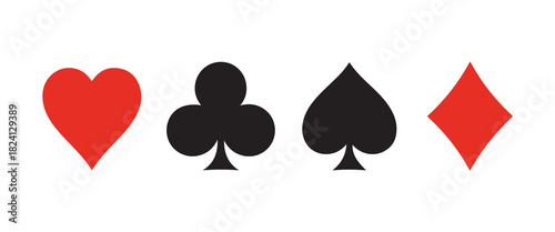 Playing card suits - hearts, clubs, spades, and diamonds - set against a white backdrop. A vector illustration themed around casino gambling. 