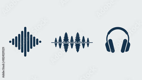A set of three icons showing a sound wave, trees reflected, and a pair of headphones on a light background