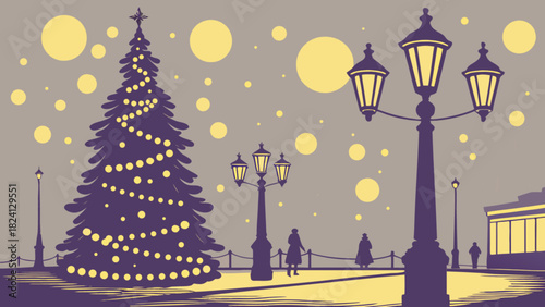 A festive christmas tree and warm streetlights illuminate a charming winter evening cityscape, with silhouettes of pedestrians strolling through a serene urban landscape illustration.
