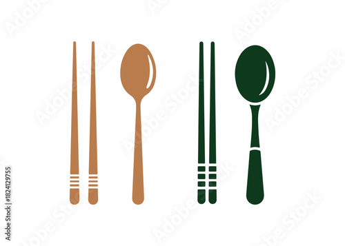 Multicolor glyph icon of a subject. Metal chopsticks. Spoon for dining. Oriental dinnerware. Eastern utensils. Asian food. Korean heritage. Vector illustration isolated.