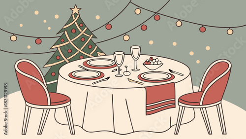 Festive holiday dinner table setting with a decorated christmas tree and string lights in a charming cartoon illustration, ready for an intimate winter celebration or special occasion.