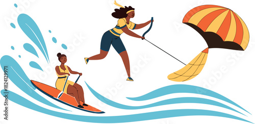 Paddle Boarding Woman and Friend Chasing a Windblown Umbrella