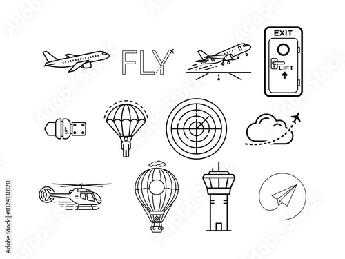 Airplane and aviation travel black line icons set vector