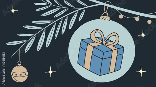 Stylized christmas holiday illustration featuring a festive tree branch adorned with dangling baubles, a string of lights, and a gift box ornament, perfect for winter celebrations!