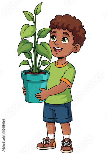 Young Boy Joyfully Holding a Potted Green Plant, Symbolizing Growth and Nurturing Nature
