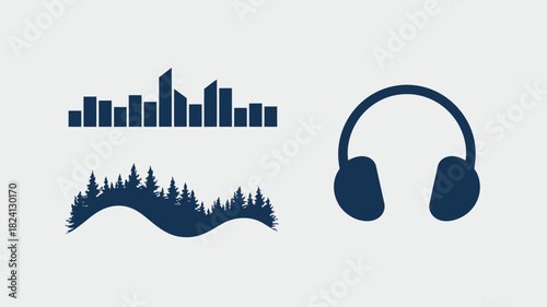 A graphic design with an equalizer, forest, and headphones on a light background in a simple style