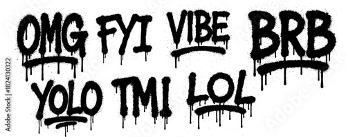 Set of trendy internet slang words in black dripping spray paint text