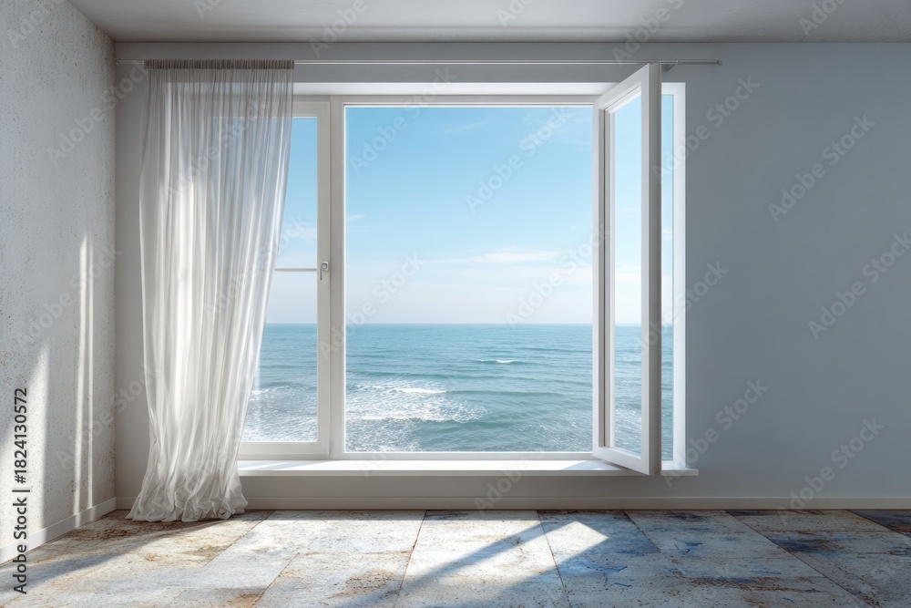 Fototapeta premium Empty room interior features an open window overlooking a vast ocean expanse under a clear sky