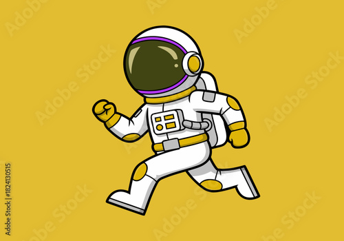 Running Astronaut in White Spacesuit with Yellow Accents on a Gold Background