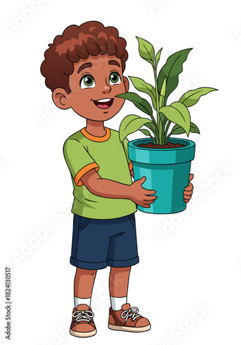 Cartoon of a cute boy holding a potted plant with a happy expression, isolated on a white background