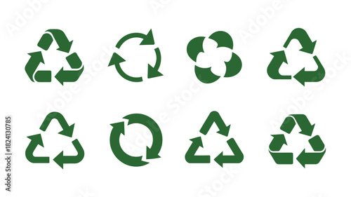 A collection of eight green recycling symbols in various shapes and orientations on a white background