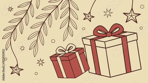 Stylized festive background with two gift boxes wrapped in red ribbons, decorative leafy branches, and scattered stars and dots, perfect for holiday greetings and celebrations.