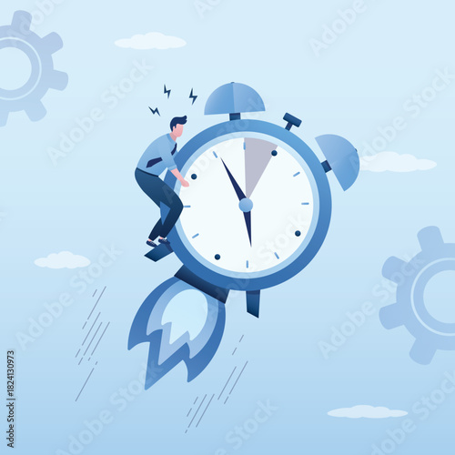 Hurry businessman flying fast on alarm clock with booster. Time run out, deadline or determination to finish work fast, stressed to complete work concept. Time management