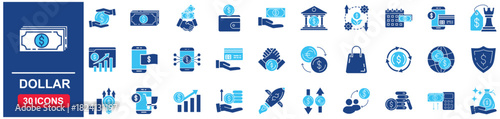 Dollar set of web icons in Blue style Flat. vector illustration concept relate to bank, signs, business, payment, symbol, finance, currency