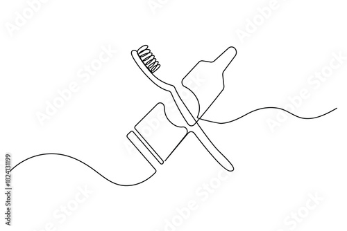 Continuous one line drawing of toothbrush and paste icon outline illustration
