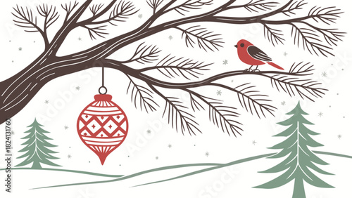 Winter holiday illustration with a red cardinal perching on a snow-dusted tree branch, alongside a festive red christmas ornament, evergreen trees, and falling snow.
