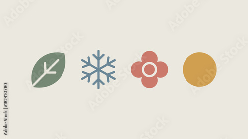 A set of four icons depicting a leaf, a snowflake, a flower, and a circle on a light background