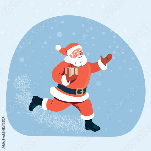 Santa Claus runs in a hurry with a gift in his hand, snow flying away from under his feet. Vector flat illustration