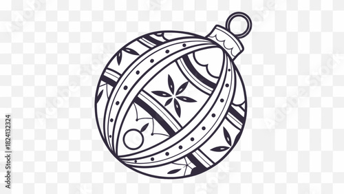 Detailed black outline illustration of a festive christmas bauble or ornament with intricate patterns, dots, and elegant design, perfect for holiday greetings and seasonal decor