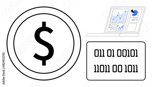 Dollar sign coin, binary code, and data-focused laptop screen merging finance, coding, and analytics. Ideal for fintech, cryptocurrency, investment, economy coding technology data visualization