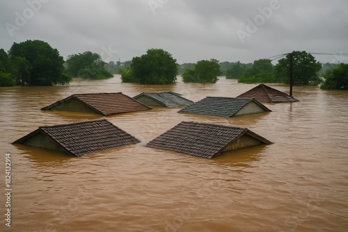 Heavy flooding,  The water level is almost up to the roof.