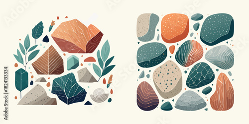 Stone & pebble abstract organic patterns with leaves illustration