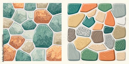 Vector illustration set of two seamless stone wall patterns in different styles. Decorative abstract rock texture for creative backgrounds and flooring