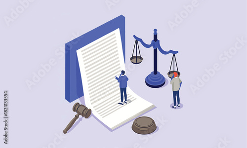 Isometric vector concept of legal injustice with unbalanced scales and a contract