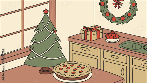 Christmas holiday scene illustration with a decorated tree, delicious fruit pie on a festive table, wrapped gift, and wreath, symbolizing winter celebration at home.