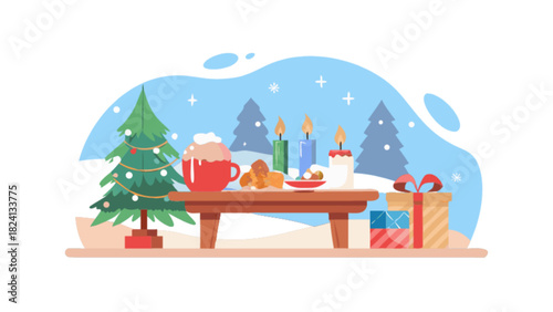 Cozy winter holiday celebration scene with a decorated christmas tree, steaming hot cocoa, lit candles, festive gifts, and sweet treats on a rustic table in a snowy wonderland