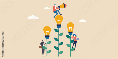 Business team cultivating ideas and innovation with a megaphone