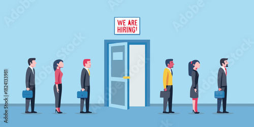 Diverse group of professionals queuing for job opportunities with a hiring sign