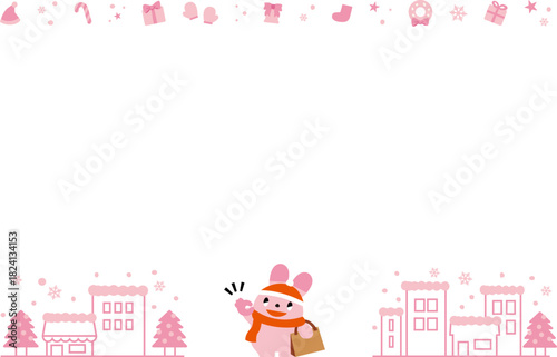 冬の街とOKをする買い物うさぎフレーム