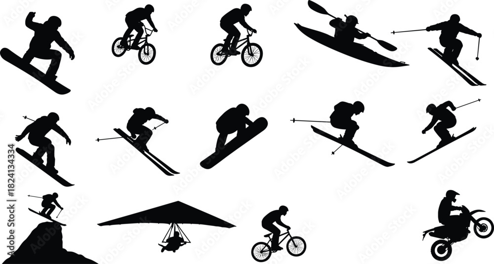 Naklejka premium Extreme Sports Silhouette Vector Set - Snowboarding, Skiing, Biking, Kayaking, and Hang Gliding Action Icons for Adventure Design