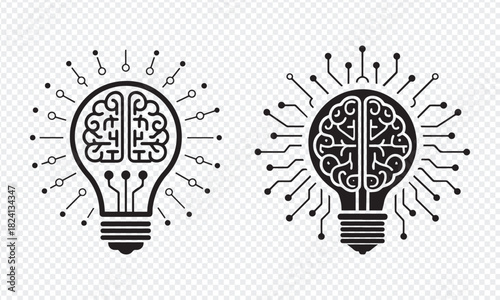 Brain shaped lightbulbs with circuit connections representing ideas and intelligence