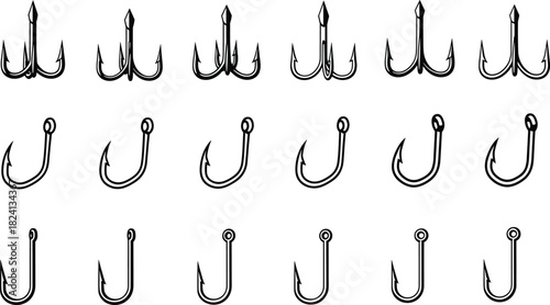 Fishing hooks vector set. Silhouette collection of sharp, barbed, and treble tackle for angling, sport fishing, and outdoor bait equipment icons.