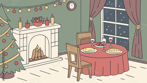 Cozy christmas dinner scene with festive decorations, a decorated tree, a warm fireplace with candles, and a dining table set for two on a snowy winter night. vector illustration