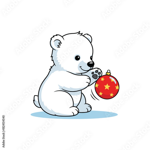 Cute polar bear cub playing with Christmas ornament.