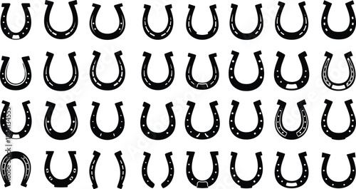 Horseshoe silhouette vector set. Collection of various horse shoe designs, lucky charm symbols, and metal farrier equipment icons for luck.