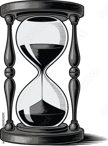 Black sand hourglass with gray frame and white background