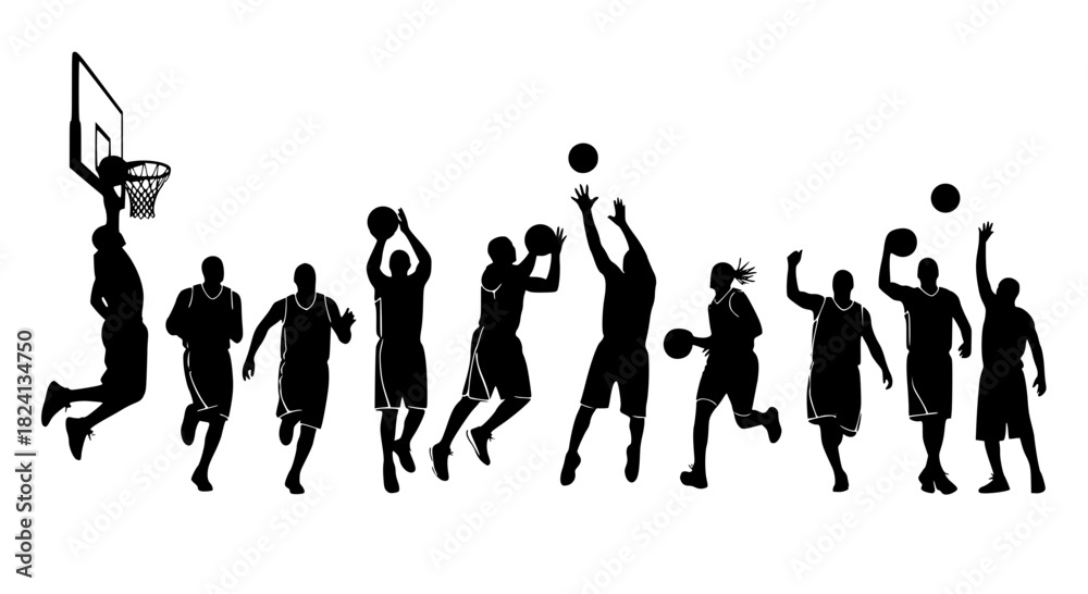 Obraz premium Silhouettes of basketball players vector. Vector illustration of basketball player silhouettes in action, transparent background SVG version.