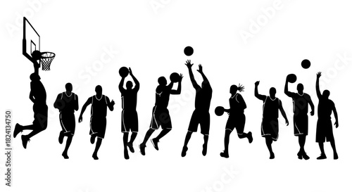 Silhouettes of basketball players vector. Vector illustration of basketball player silhouettes in action, transparent background SVG version.