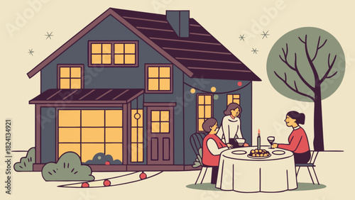 Warm evening outdoor dinner illustration of a modern house with family and friends enjoying a celebratory meal under string lights and a starry sky, evoking togetherness.