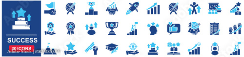 Success set of web icons in Blue style Flat. vector illustration concept relate to purpose, target, goal, competition, strategy, man, hand, symbol, quality 