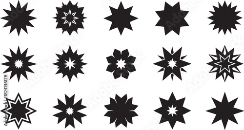 Diverse black star and flower-like shapes on white