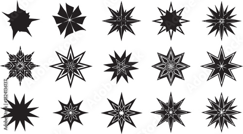 Collection of complex black star and snowflake shapes