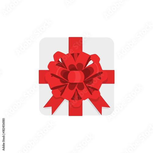 Gift box with red ribbon and bow, top view.