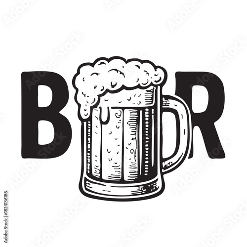 A bold black and white illustration depicts a frothy beer mug alongside large stylized letters