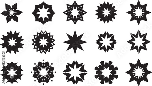 Fifteen black star shapes with intricate designs on white background