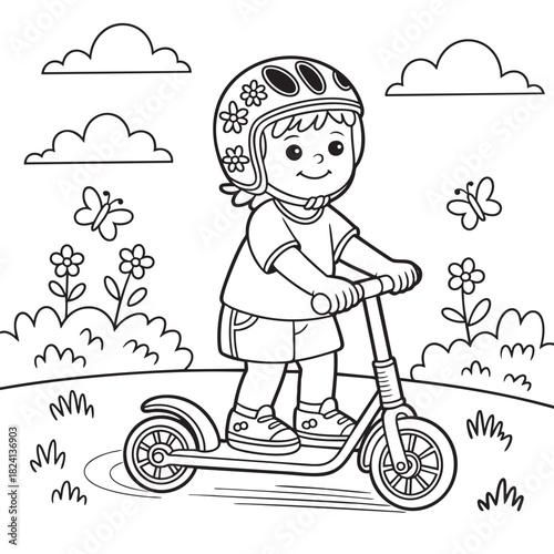 A child wearing a helmet rides a scooter through a park with flowers and butterflies girl riding